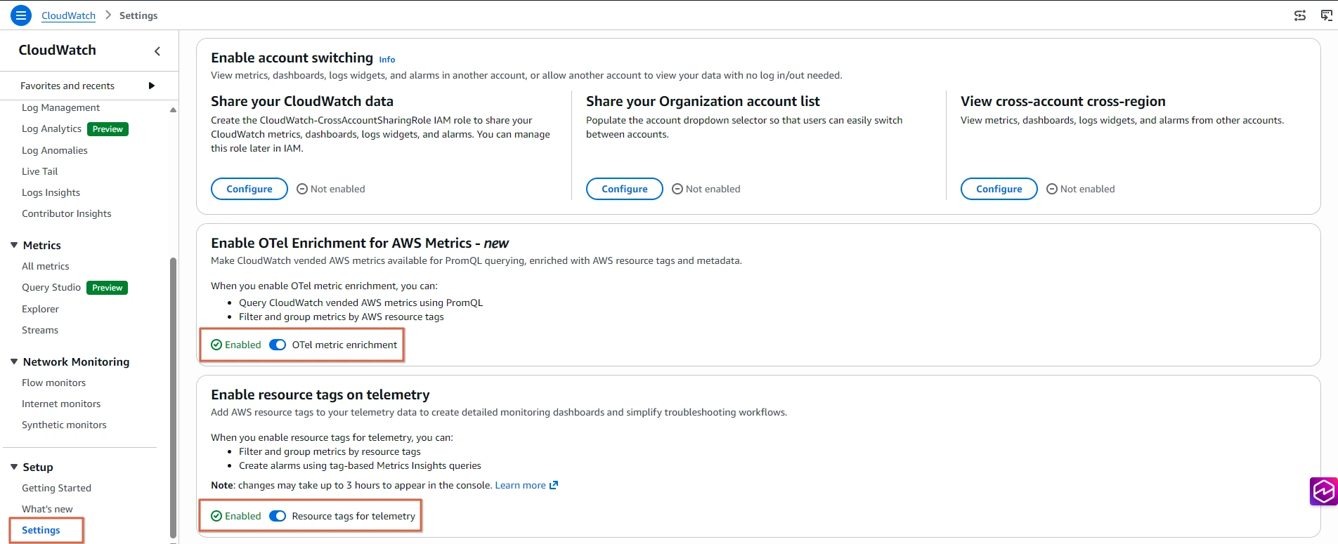 Cloudwatch Settings